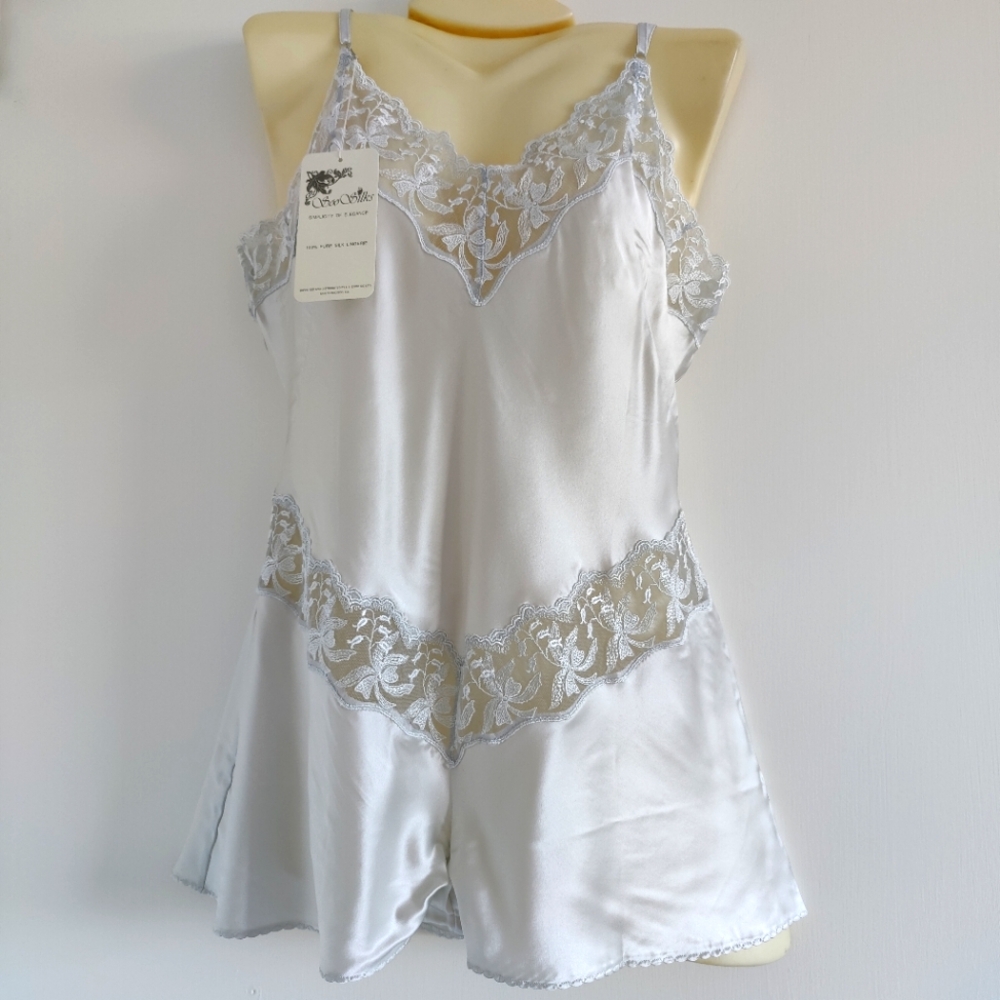 NWT Silk Lingerie Romper | Satin Bodysuit/Playsuit with Lace Midsection- Gray
